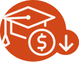 Icon of graduation cap with dollar sign and down arrow in orange