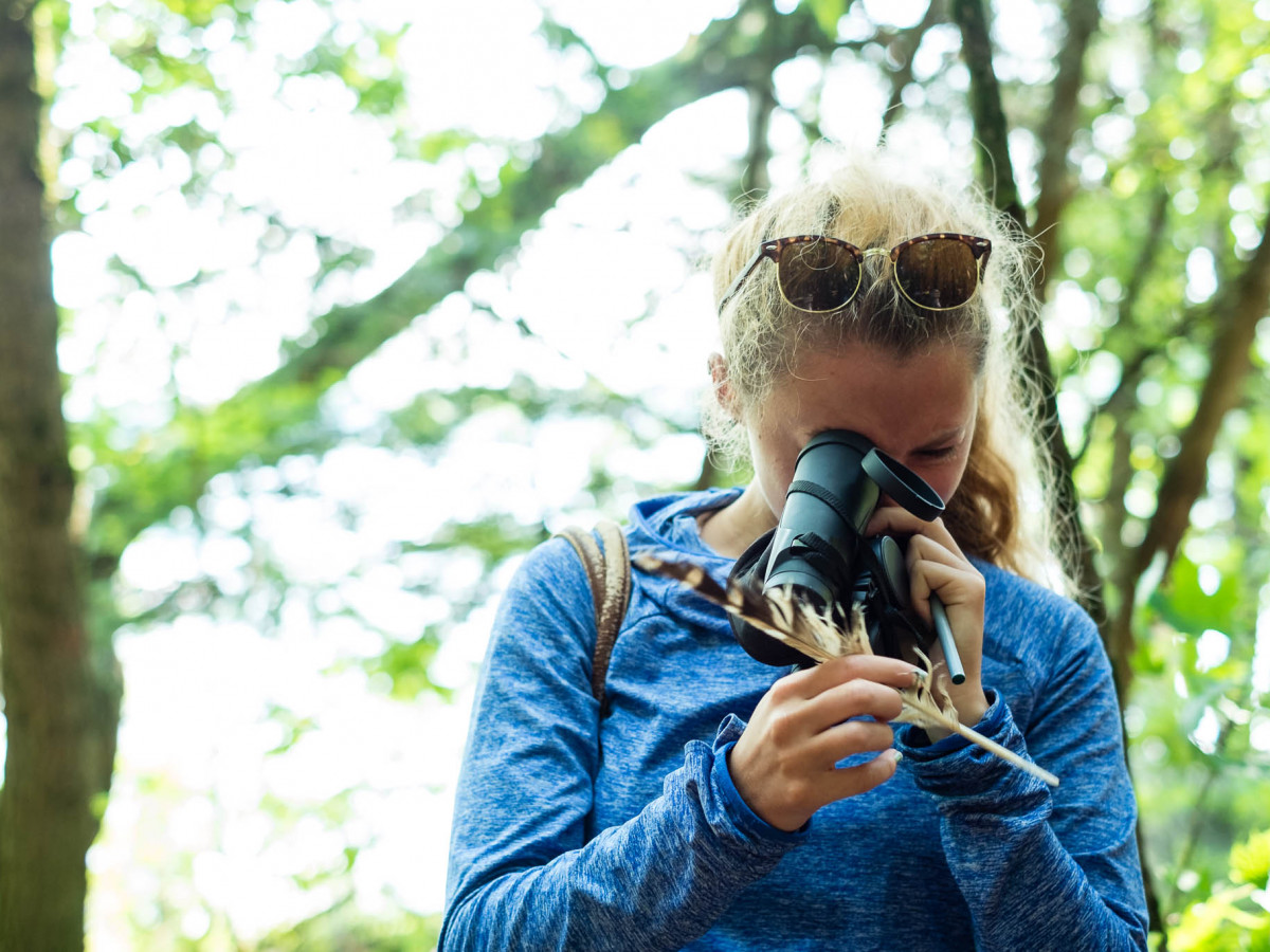 Natural History of Vermont student checks out a barred owl feather.