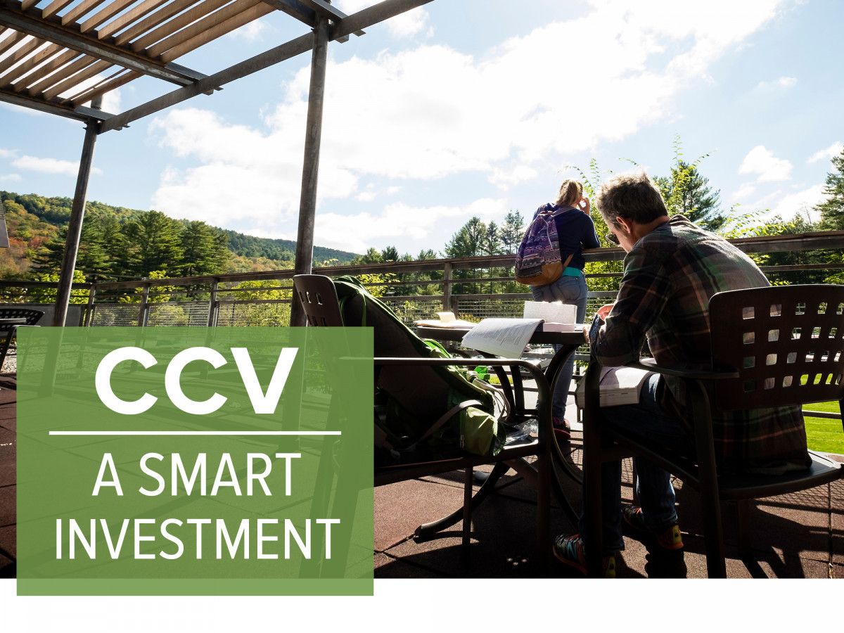 Students study on the porch at CCV-Montpelier. "CCV: A Smart Investment."