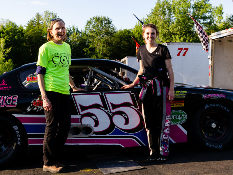 CCV student Kelsea Woodard, right, hangs out with CCV president Joyce Judy before racing at Thunder Road last Thursday.