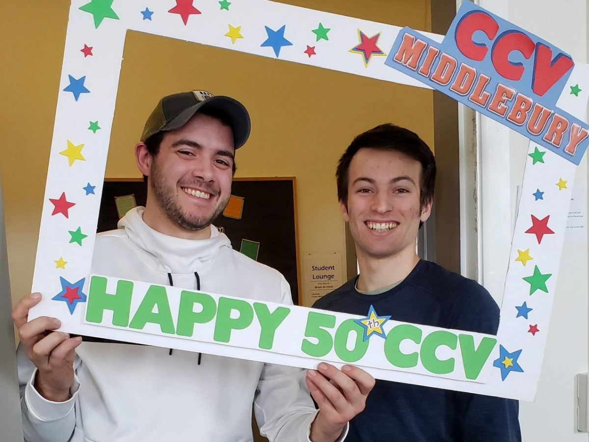 Students __ and __ celebrate CCV's 50th anniversary at CCV-Middlebury