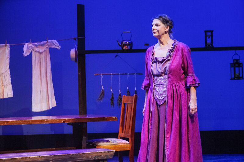 Whitcomb performing in the 2019 production of <em>Shakespeare's Will</em> at Lost Nation Theater.