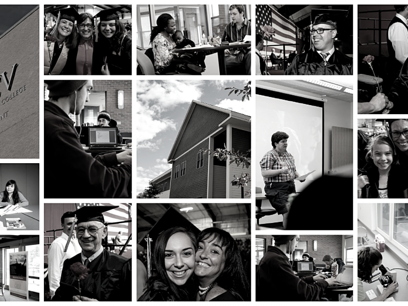 black and white photos of CCV buildings and students