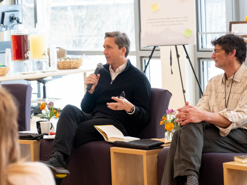 Richard Reeves and Ken Cadow speaking in a panel discussion at CCV-Winooski.