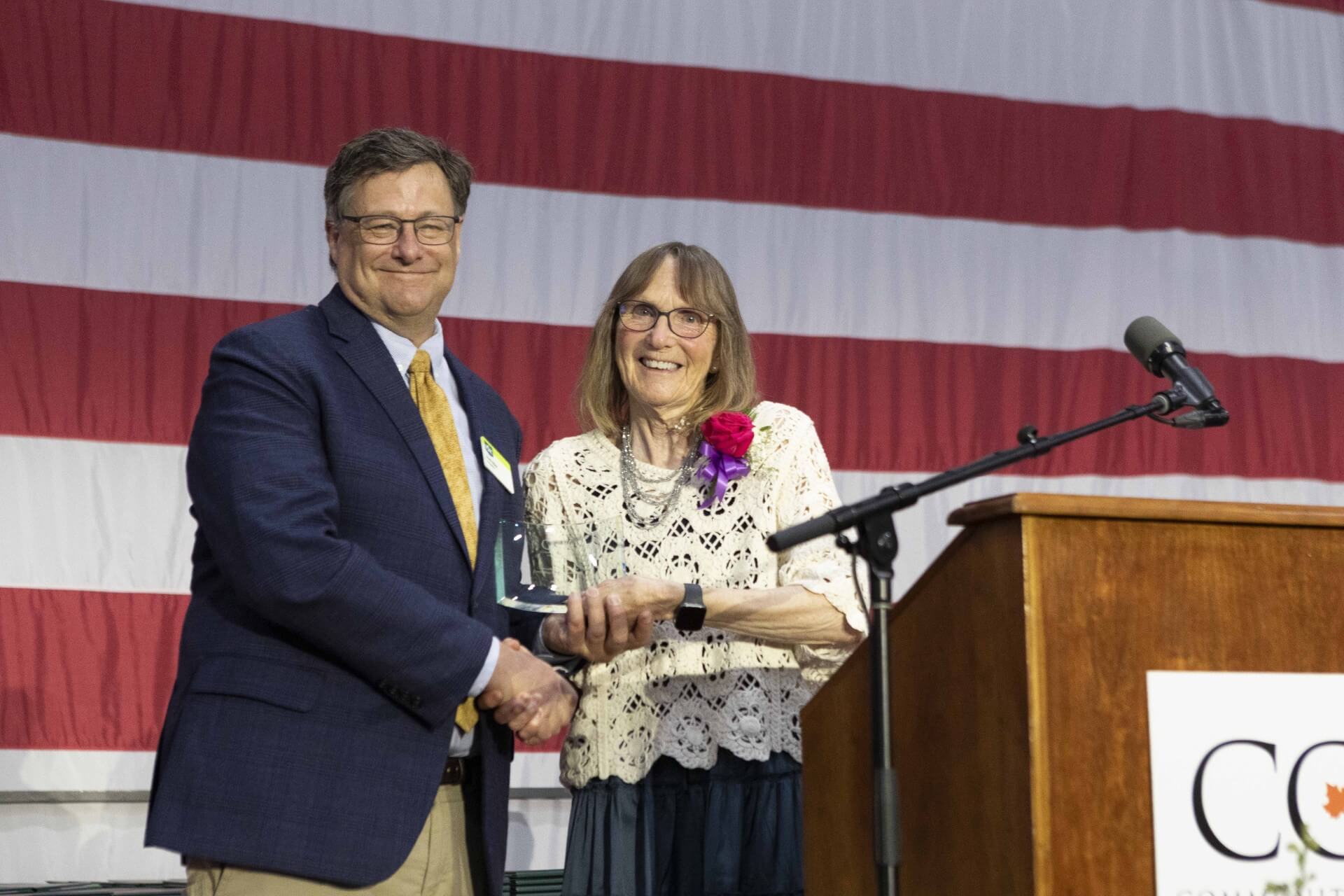 CCV President Joyce Judy and Community Service Award recipient Scott Giles.