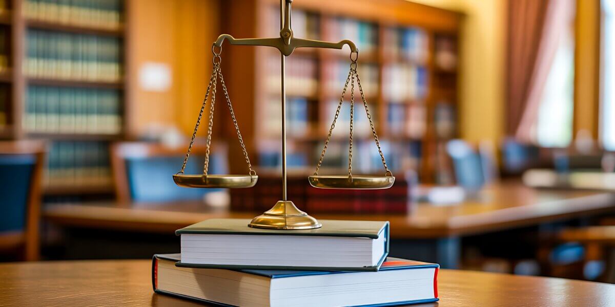 justice scales on books in library