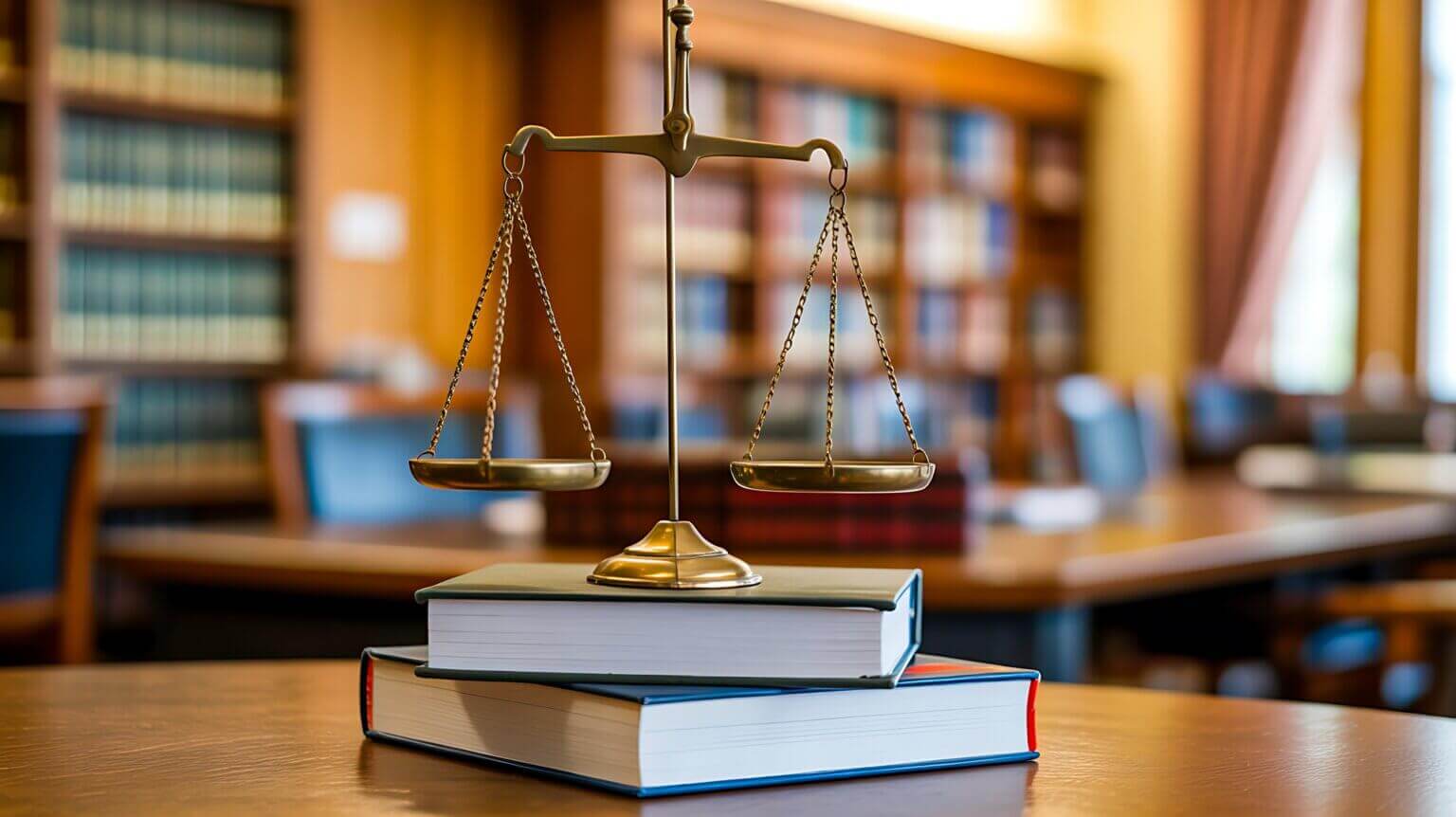 justice scales on books in library